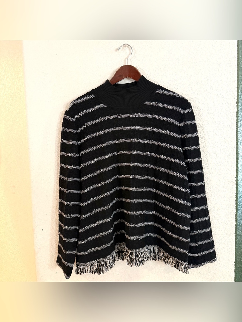 Ming Wang Womens Sweater Black White Pullover Mock Neck Striped Size XL
